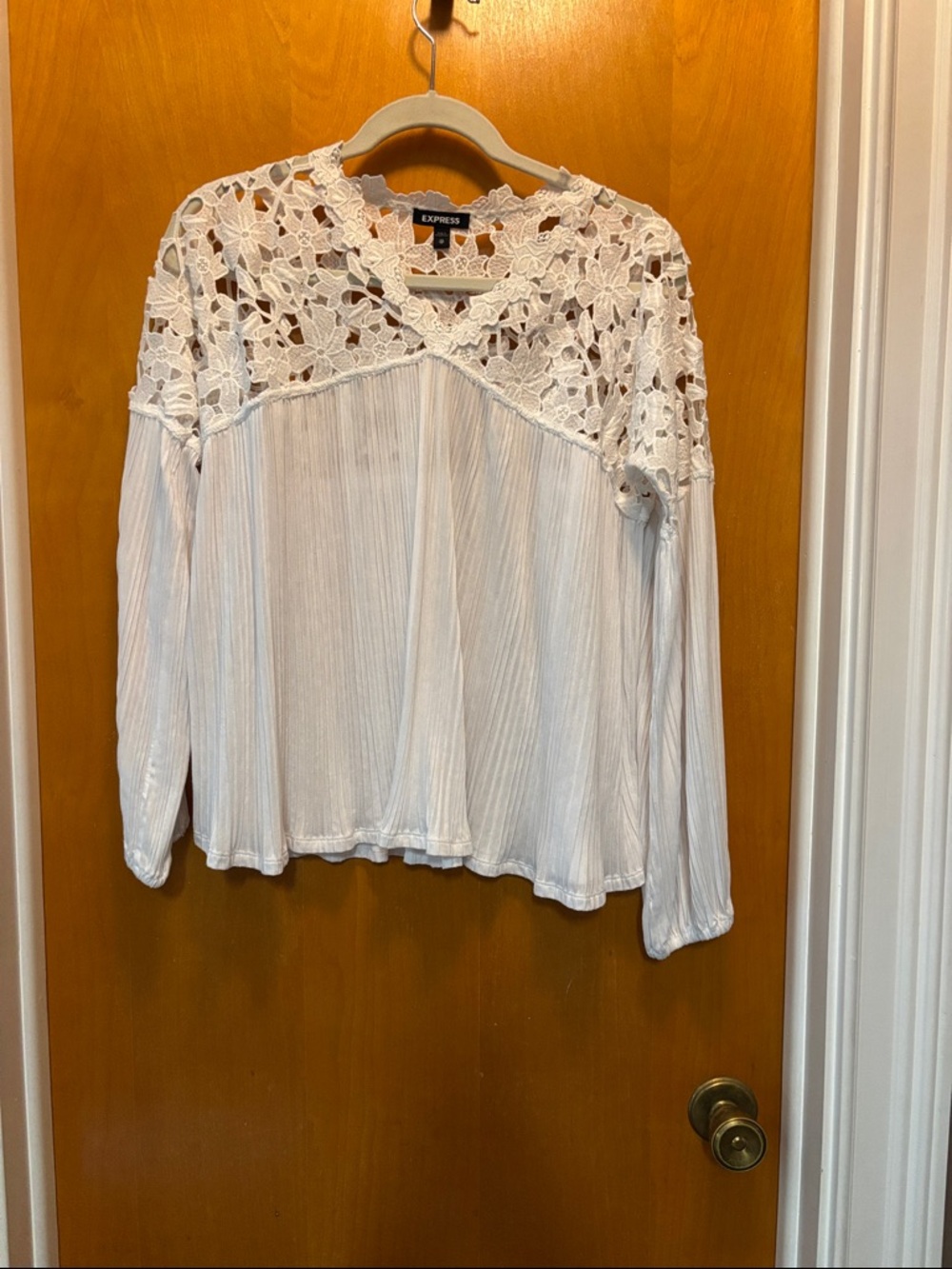 Express White Floral Crochet Yoke Long Sleeve Blouse